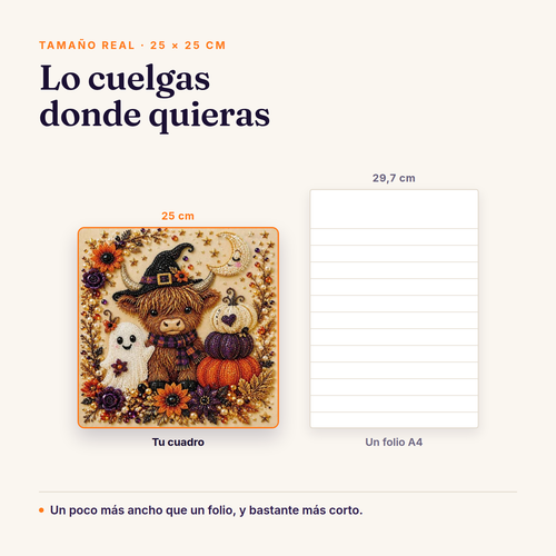 Comparación de tamaño: el cuadro de 25 × 25 cm junto a un folio A4 de 21 × 29,7 cm.