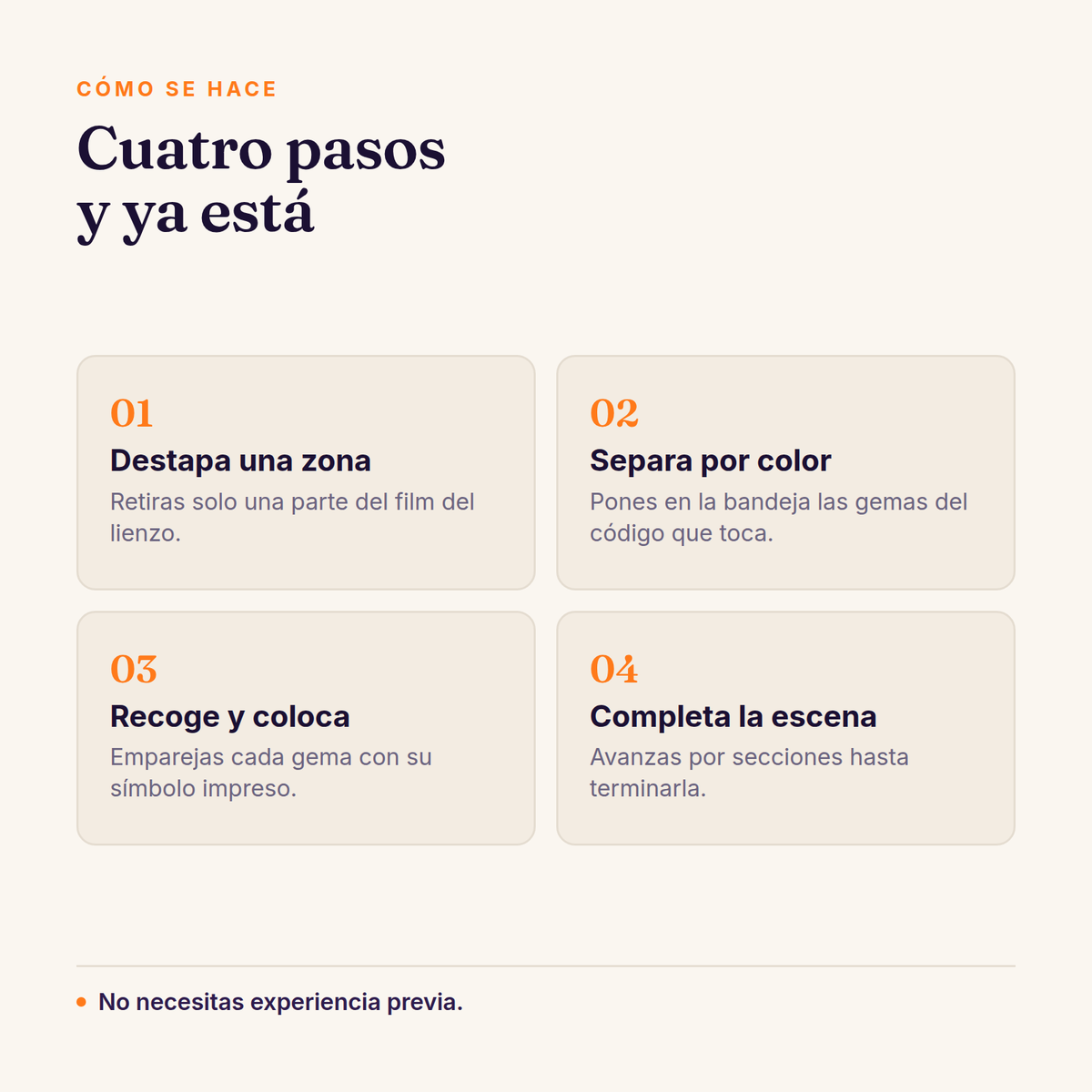 Los cuatro pasos del kit: destapar una zona, separar por color, recoger y colocar, y completar la escena.