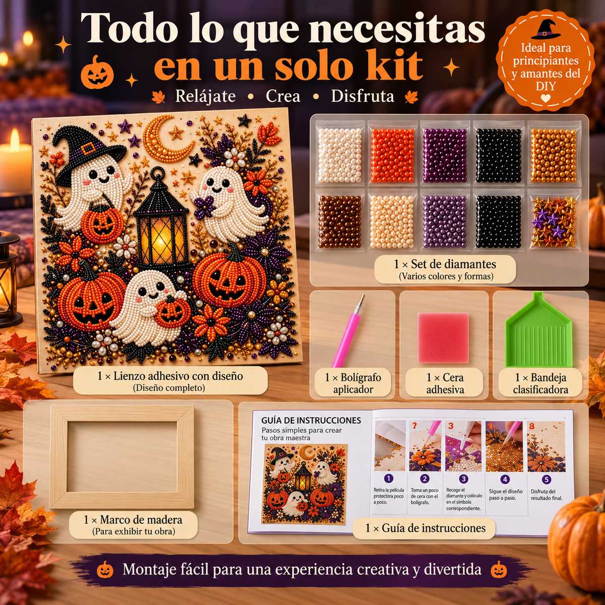 Todo lo que incluye el kit: lienzo adhesivo con el diseño impreso, set de diamantes de varios colores, bolígrafo aplicador, cera adhesiva, bandeja clasificadora, marco de madera y guía de instrucciones.