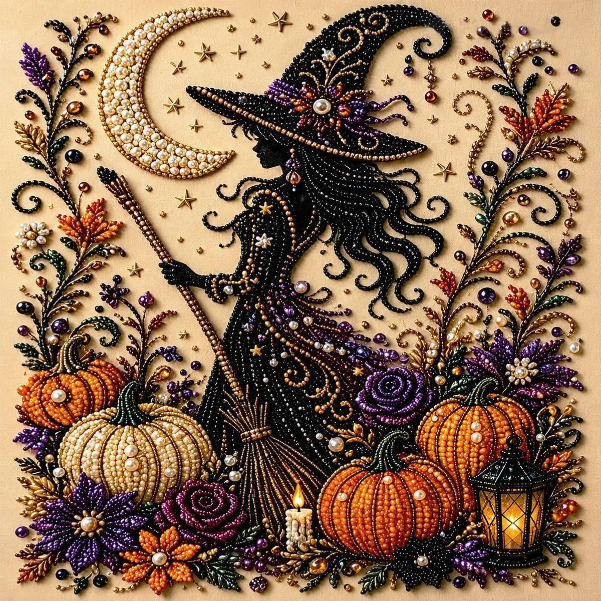 Kit «Bruja Celestial»: bruja con sombrero picudo sobre su escoba, luna creciente, estrellas y calabazas.