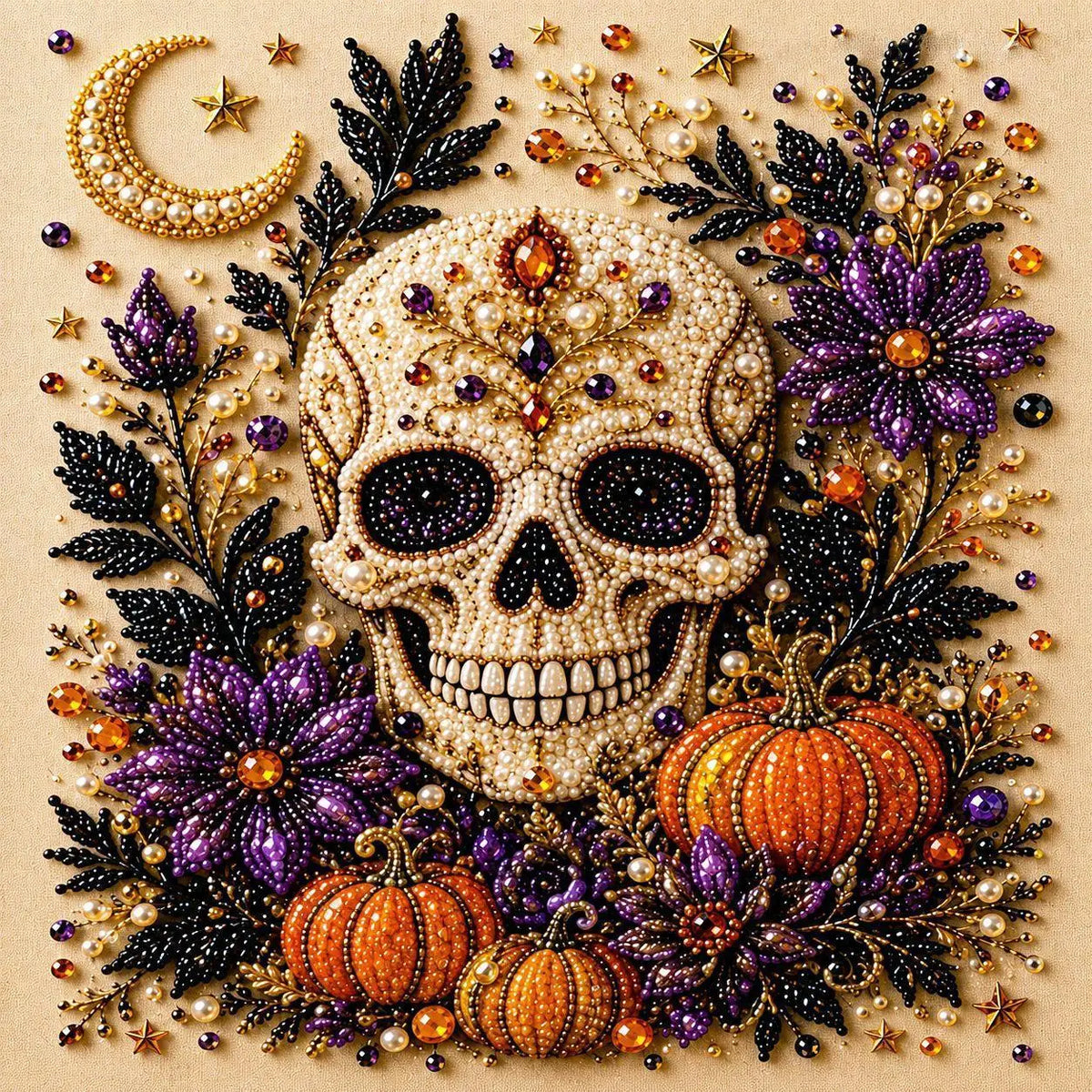 Kit «Calavera Florida»: calavera decorada con flores moradas y naranjas, calabazas y luna creciente.