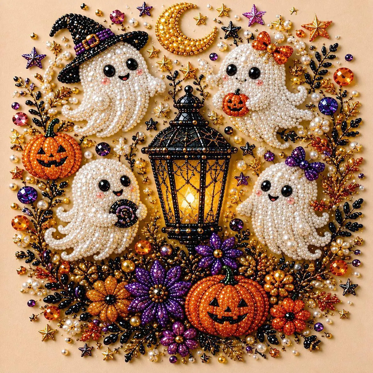 Kit «Fantasmas Traviesos»: tres fantasmas sonrientes alrededor de un farolillo, con calabazas y un sombrero de bruja.