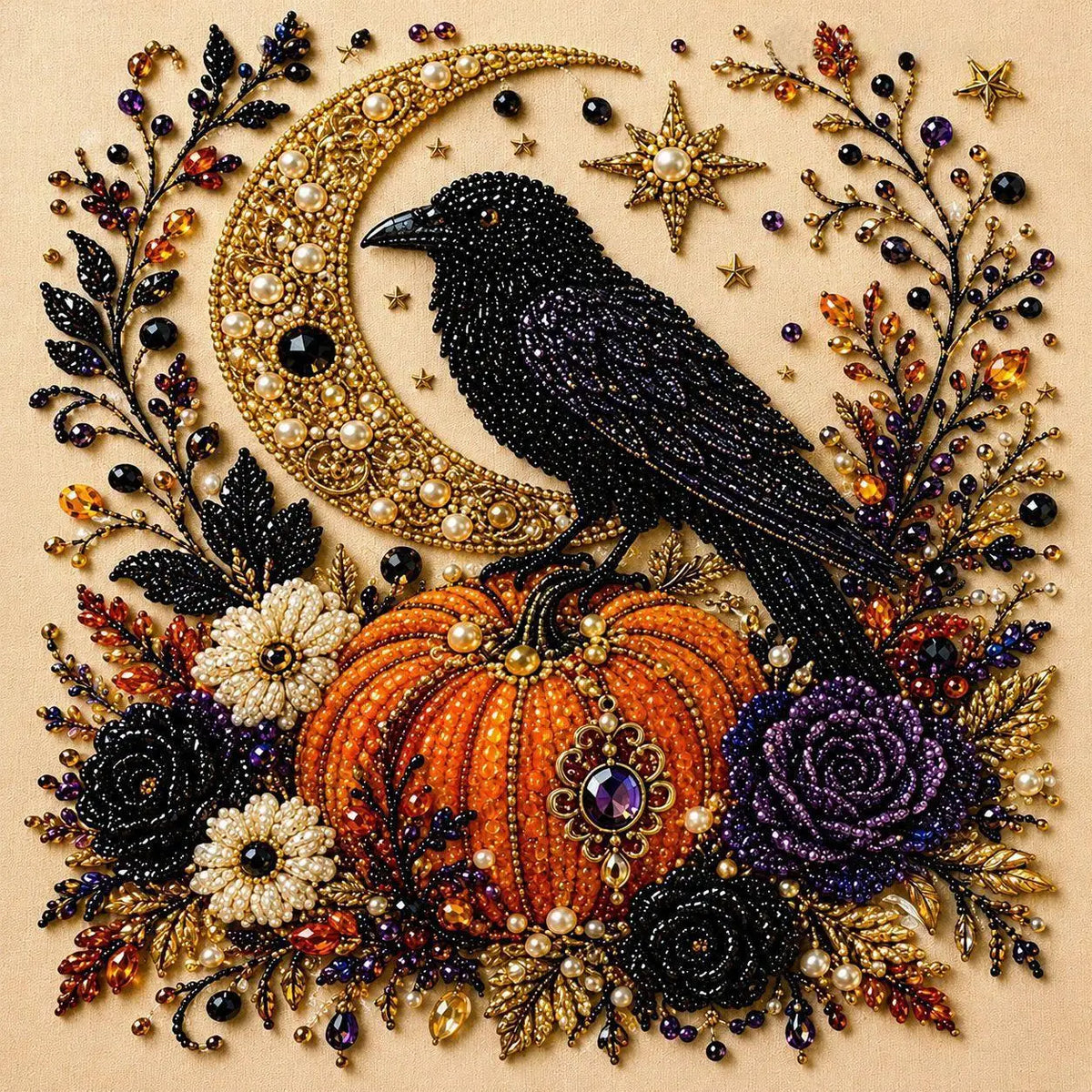 Kit «Cuervo de Medianoche»: cuervo negro posado sobre una luna creciente dorada, entre calabazas y flores.