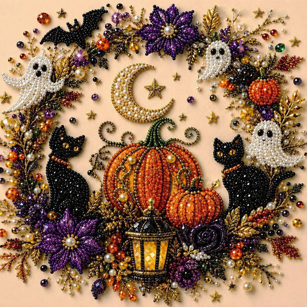 Kit «Luna de Halloween»: farolillo encendido entre calabazas, dos gatos negros, fantasmas y una luna creciente.