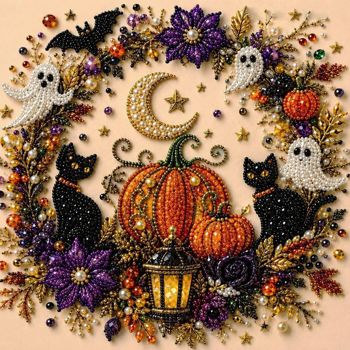 Kit «Luna de Halloween»: farolillo encendido entre calabazas, dos gatos negros, fantasmas y una luna creciente.