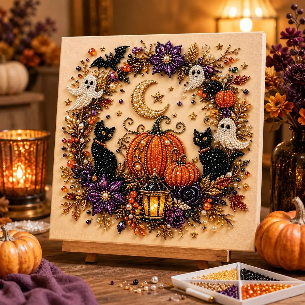 Cuadro «Luna de Halloween» terminado, apoyado en su bastidor de madera sobre una mesa con velas y calabazas al fondo.